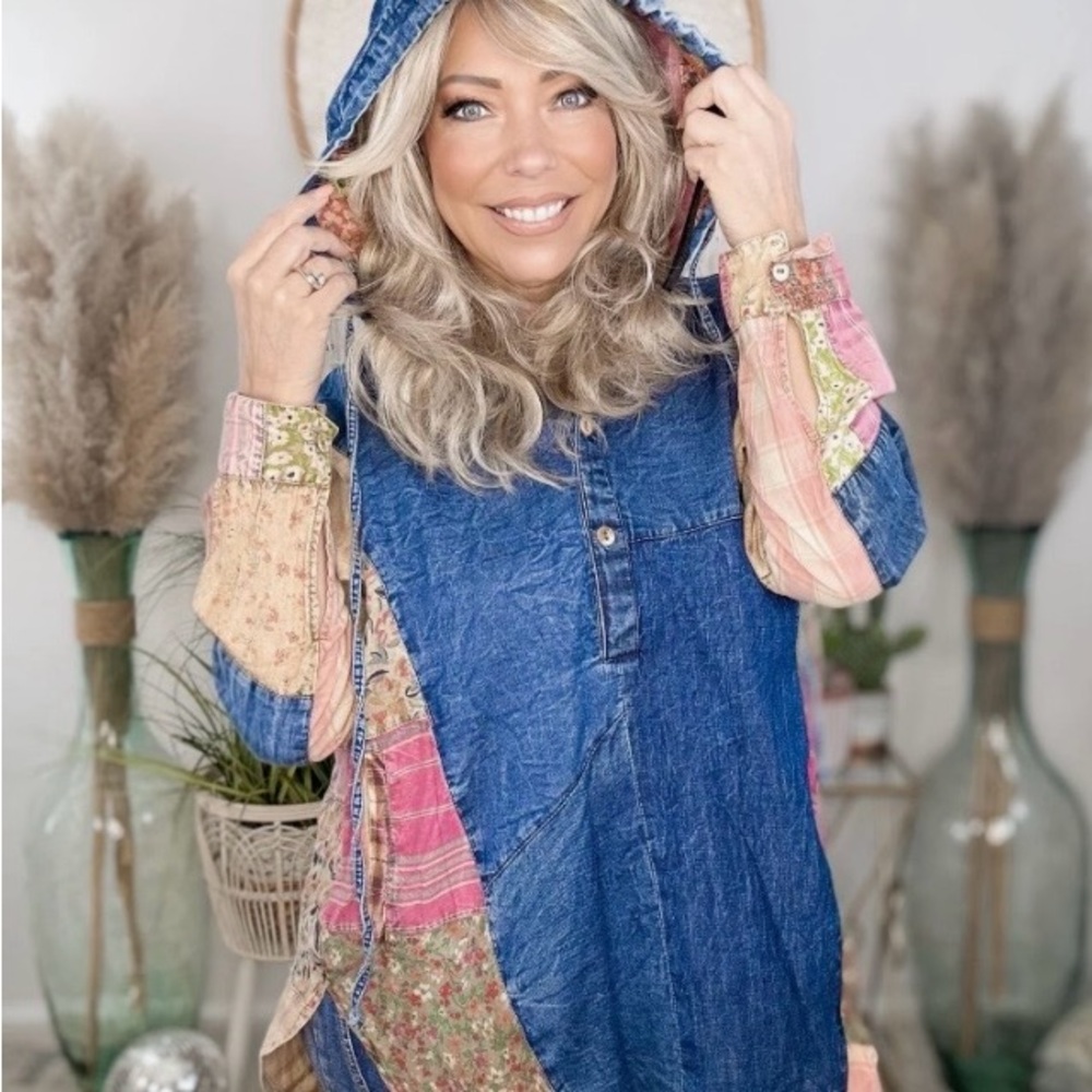 Young Threads Denim Patchwork Tunic Top with Pink… - image 2